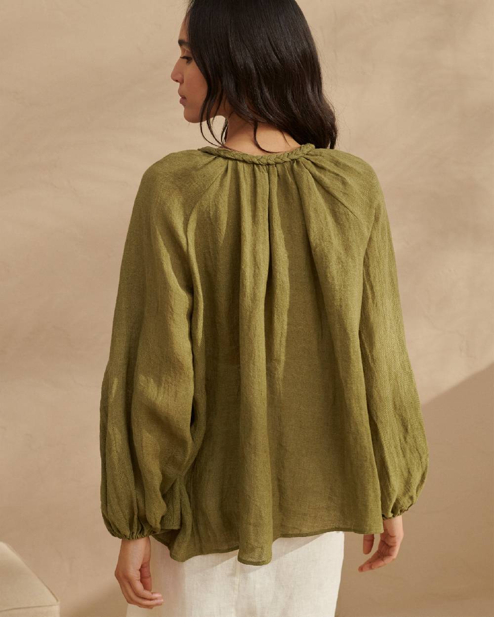 Manebí Linen Gauze Mykonos Shirt - Hand Braided Cord Kaki Green