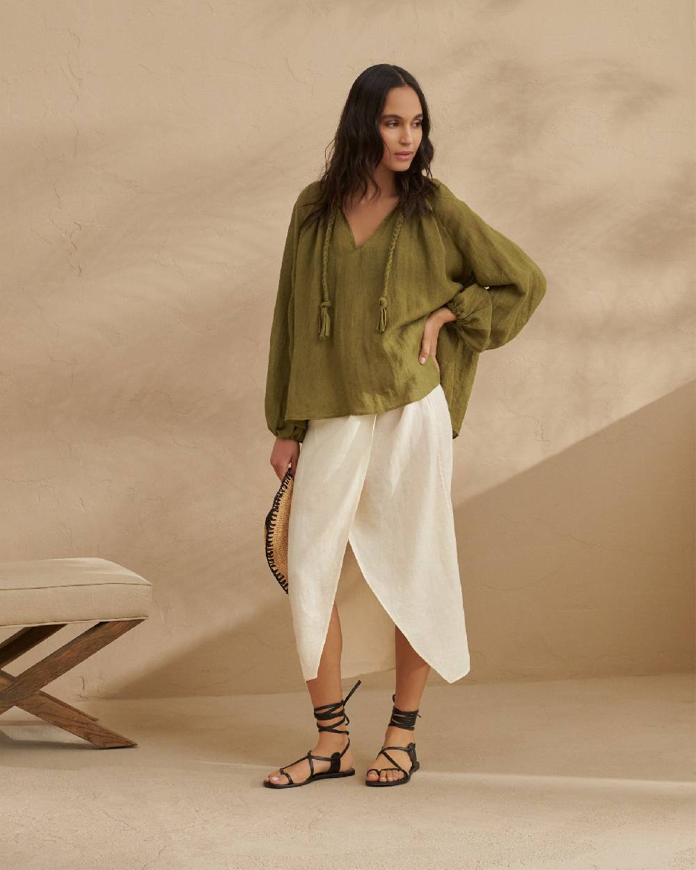 Manebí Linen Gauze Mykonos Shirt - Hand Braided Cord Kaki Green