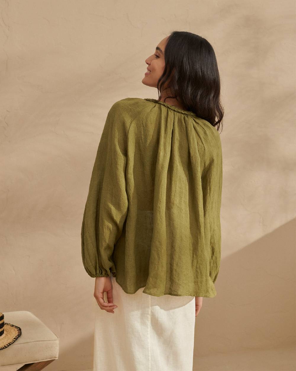 Manebí Linen Gauze Mykonos Shirt - Hand Braided Cord Kaki Green