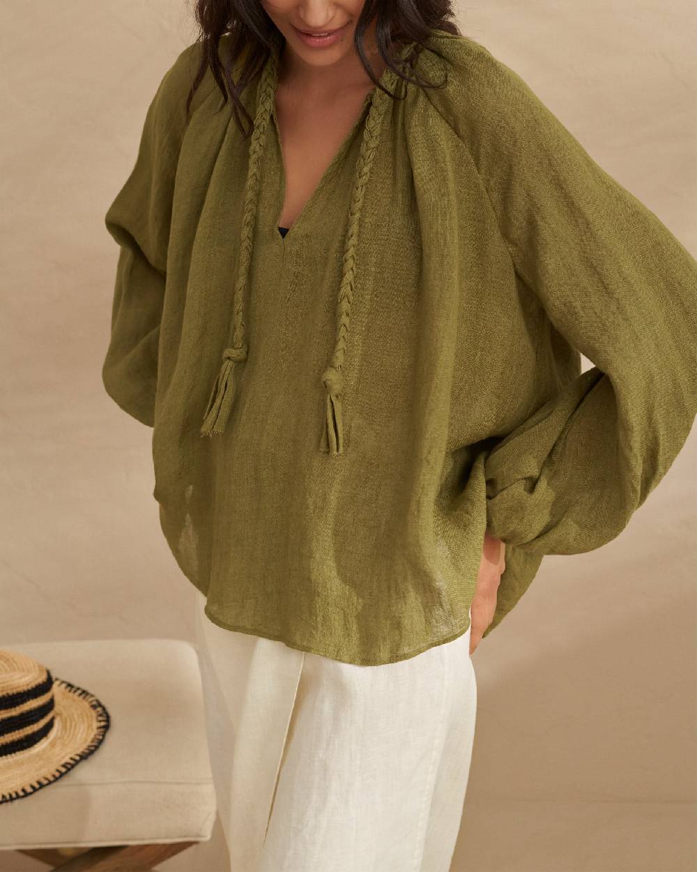 Manebí Linen Gauze Mykonos Shirt - Hand Braided Cord Kaki Green
