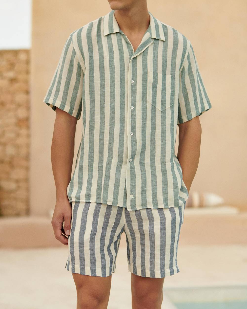 Manebí Linen Havana Camp-Collar Shirt - Embroidered Palm Green Beige Maxi Stripes