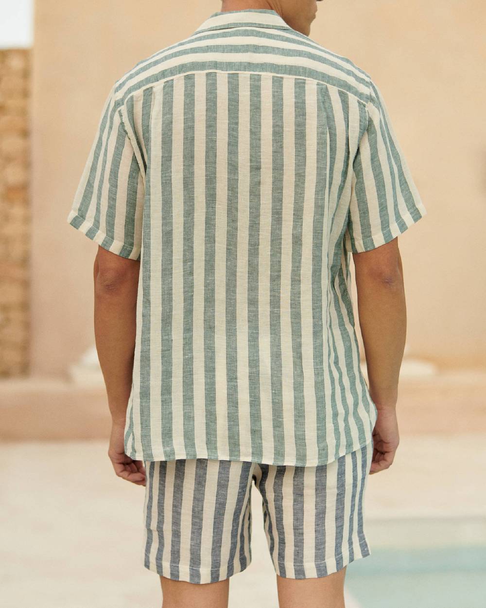 Manebí Linen Havana Camp-Collar Shirt - Embroidered Palm Green Beige Maxi Stripes