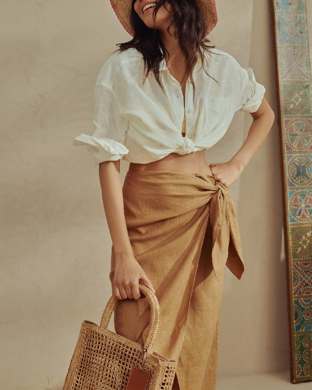 Manebí Linen Lencois Skirt - Wraparound Design With Knot Begonia