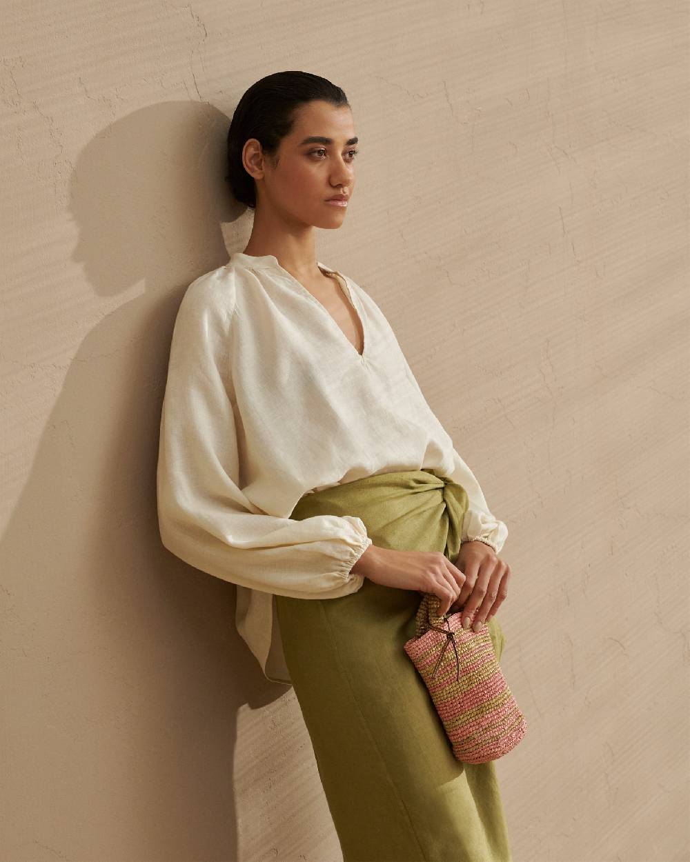 Manebí Linen Lencois Skirt - Wraparound Design With Knot Kaki Green