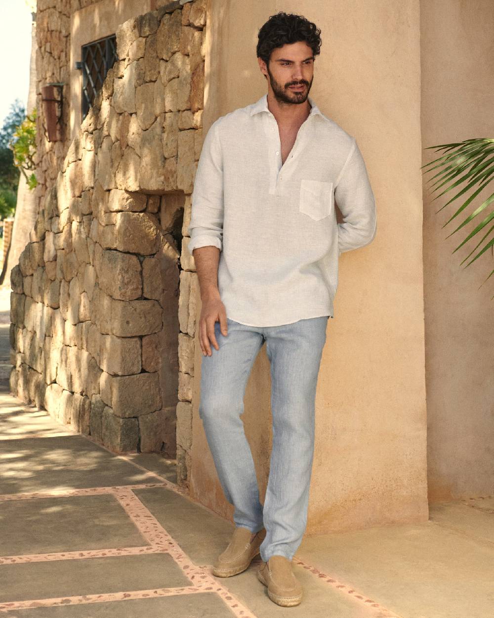 Manebí Linen Nassau Polo Shirt - Embroidered Palm Beige And Light Blue Mini-Mid Stripes