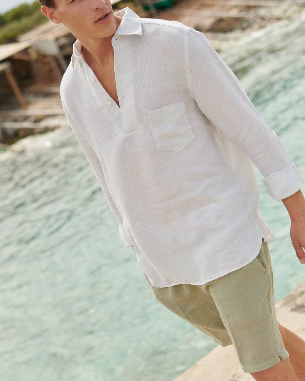 Manebí Linen Nassau Polo Shirt - Embroidered Palm Beige And Light Blue Mini-Mid Stripes