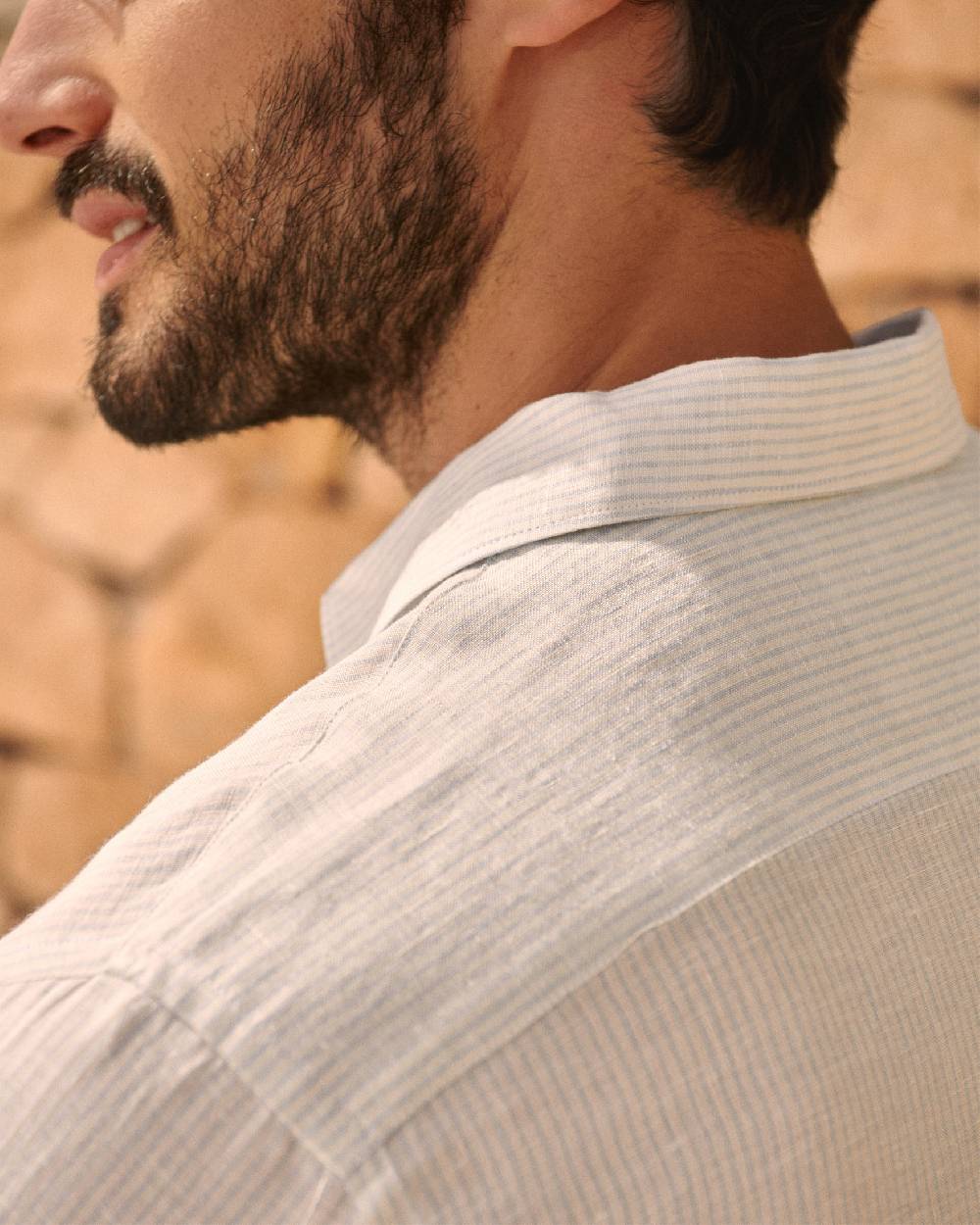 Manebí Linen Panama Shirt - Embroidered Palm Beige And Light Blue Mini-Mid Stripes