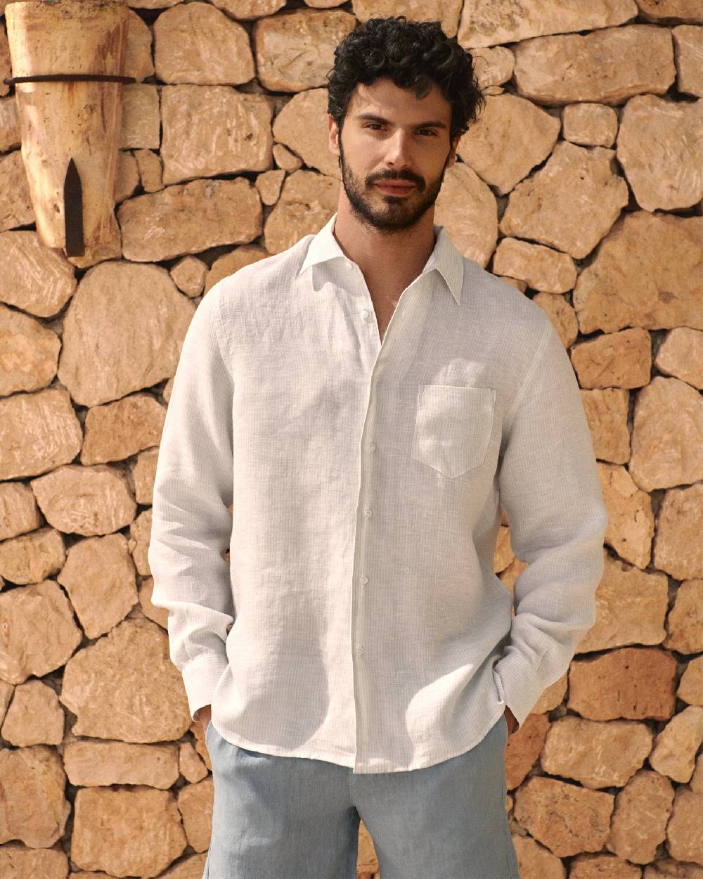 Manebí Linen Panama Shirt - Embroidered Palm Beige And Light Blue Mini-Mid Stripes