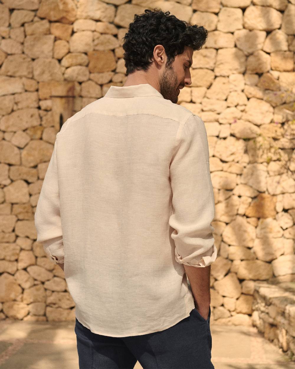 Manebí Linen Panama Shirt - Embroidered Palm Beige And Rose Mini-Mid Stripes