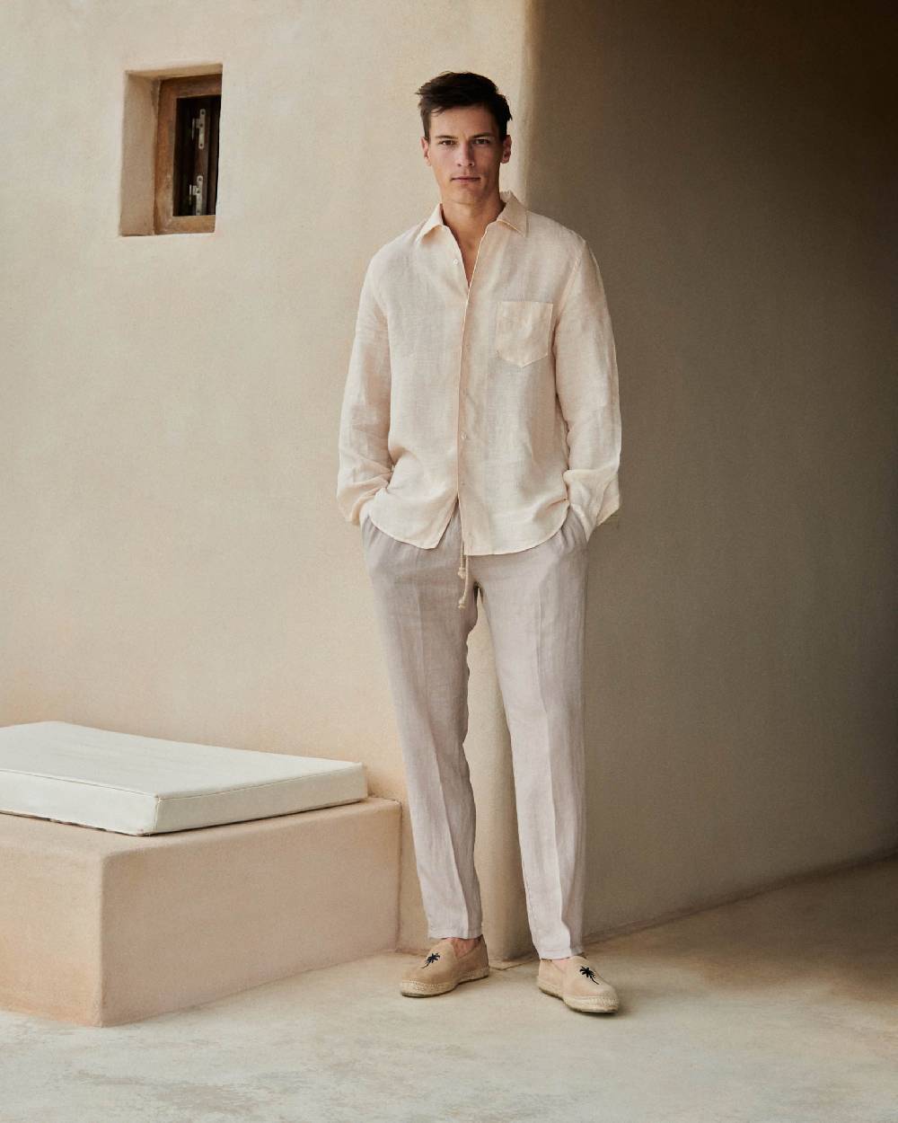 Manebí Linen Panama Shirt - Embroidered Palm Beige And Rose Mini-Mid Stripes