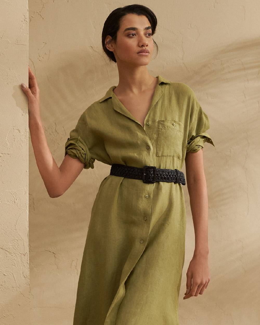 Manebí Linen Portofino Dress - Chemisier Style Kaki Green