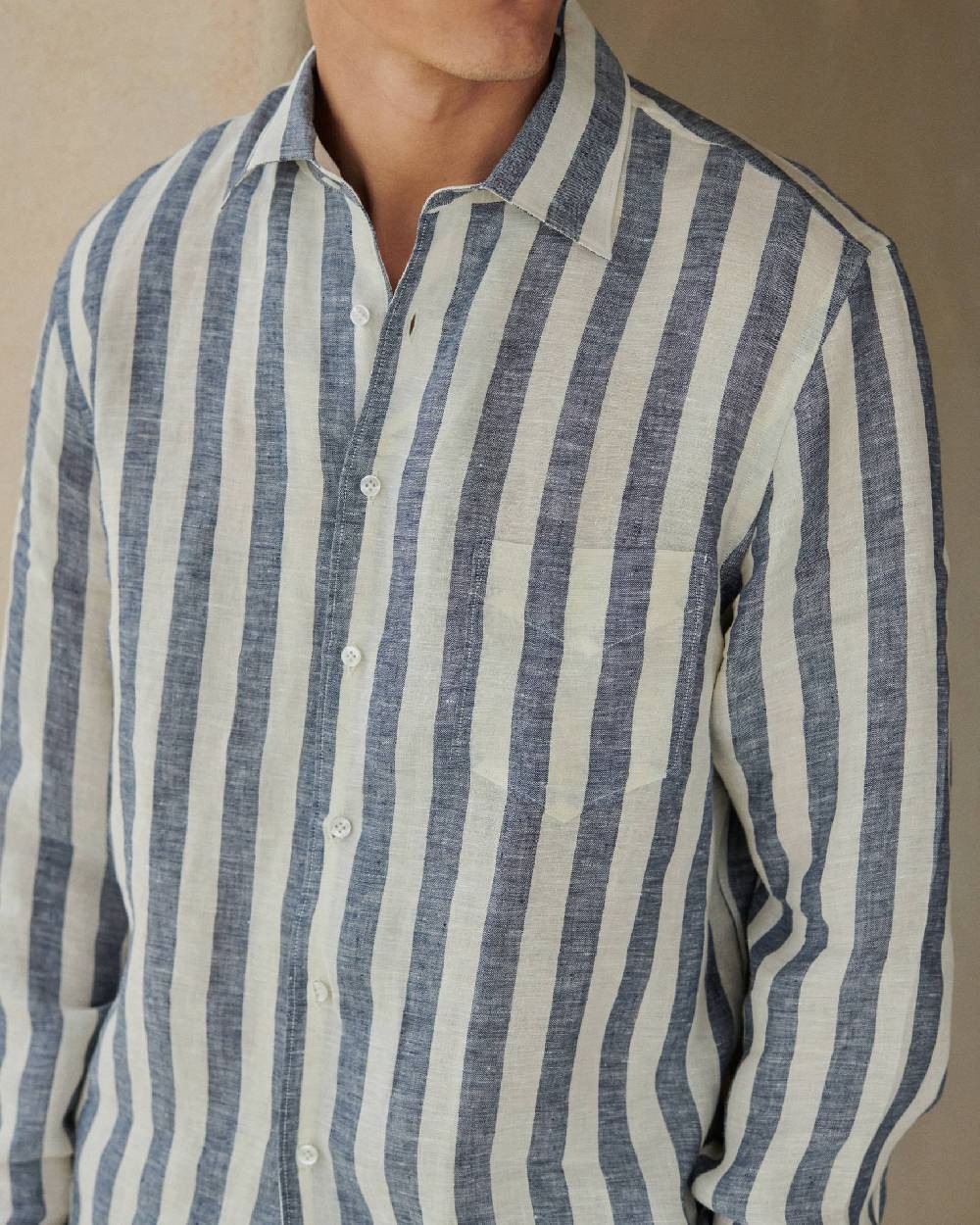 Manebí Linene Panama Shirt - Embroidered Palm Blue Beige Maxi Stripes