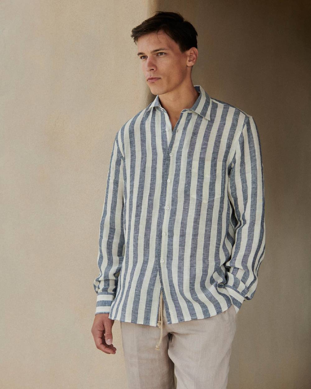 Manebí Linene Panama Shirt - Embroidered Palm Blue Beige Maxi Stripes