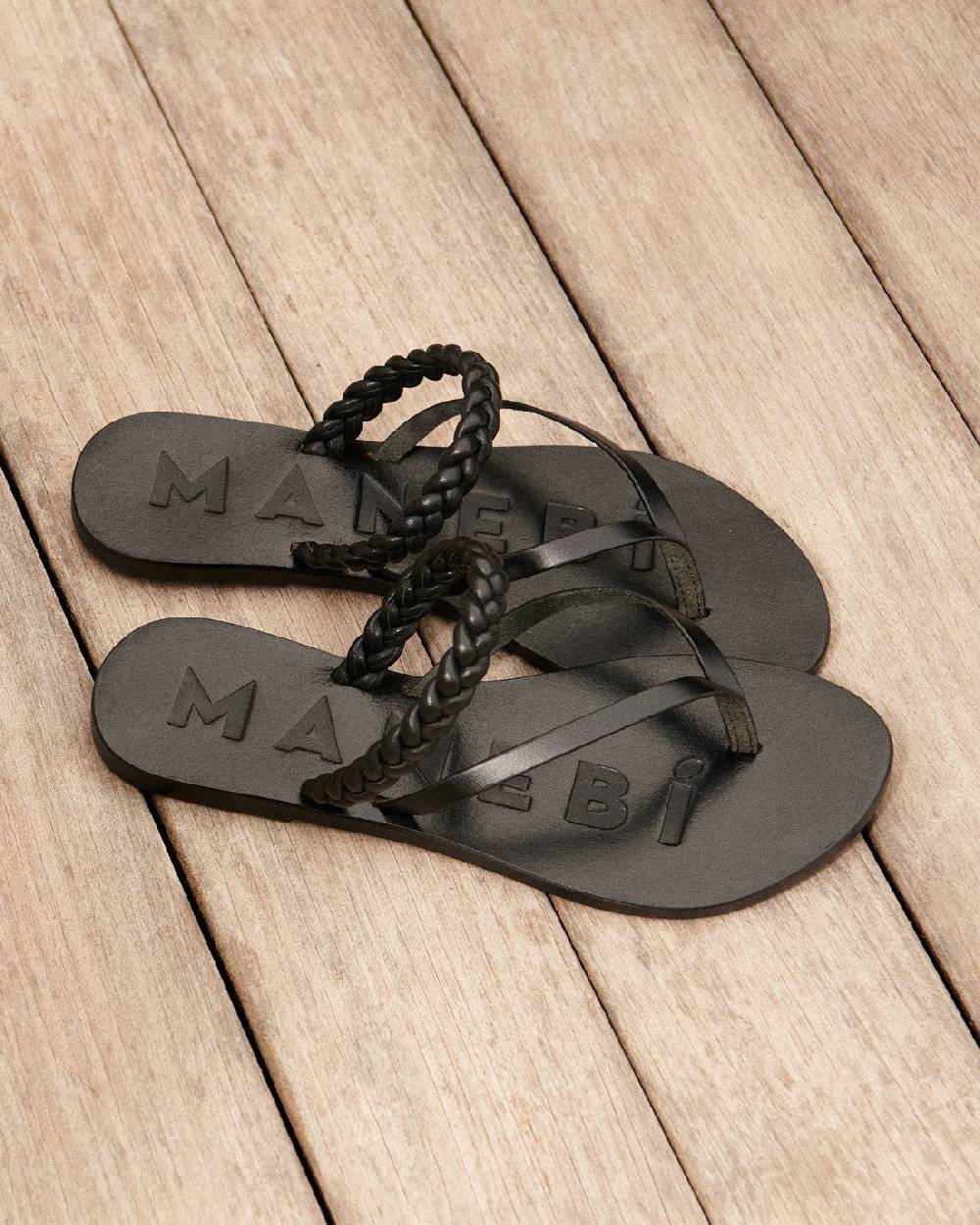 Manebí Leather Braid Thong Sandals - Black