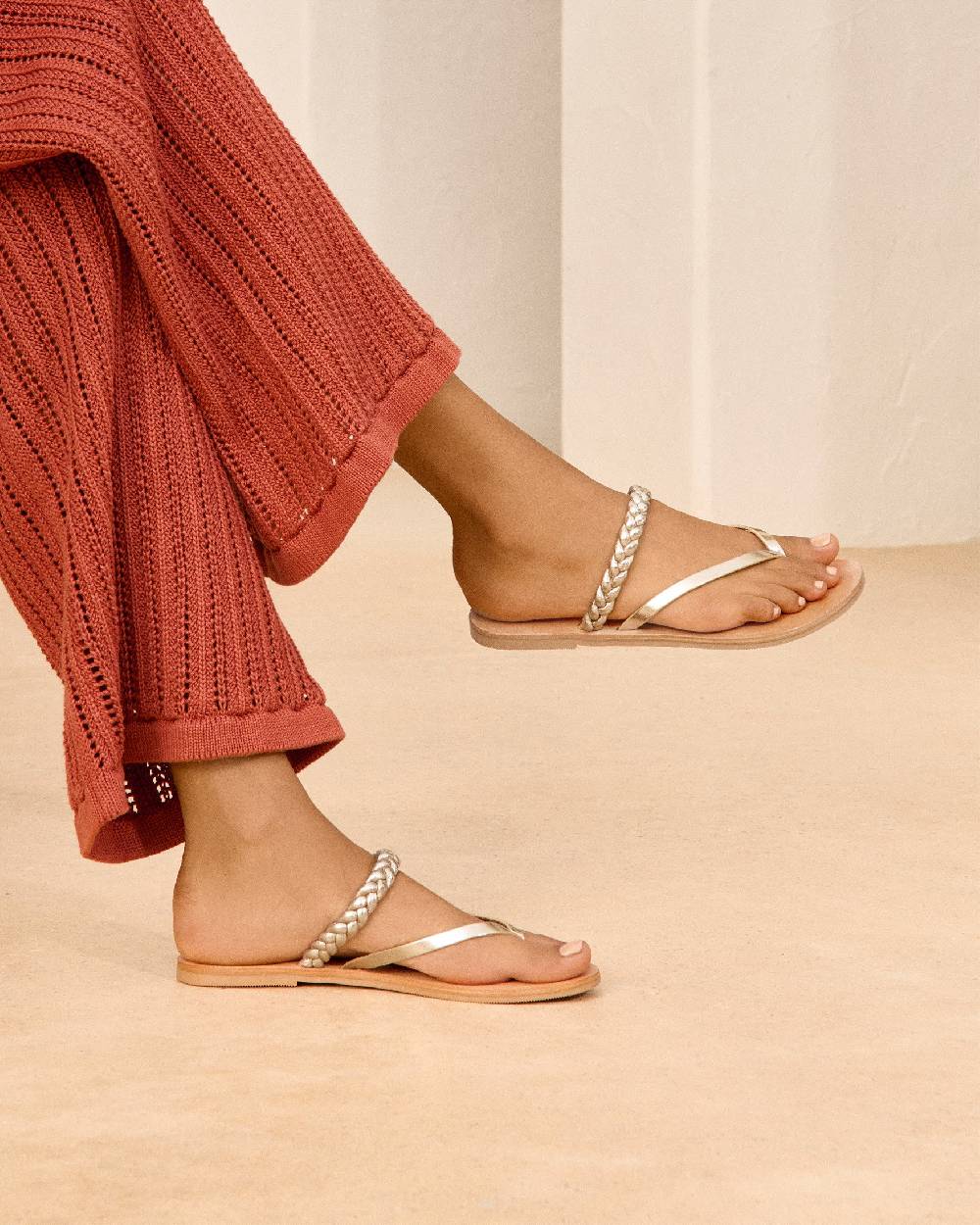 Manebí Leather Braid Thong Sandals - Platinum