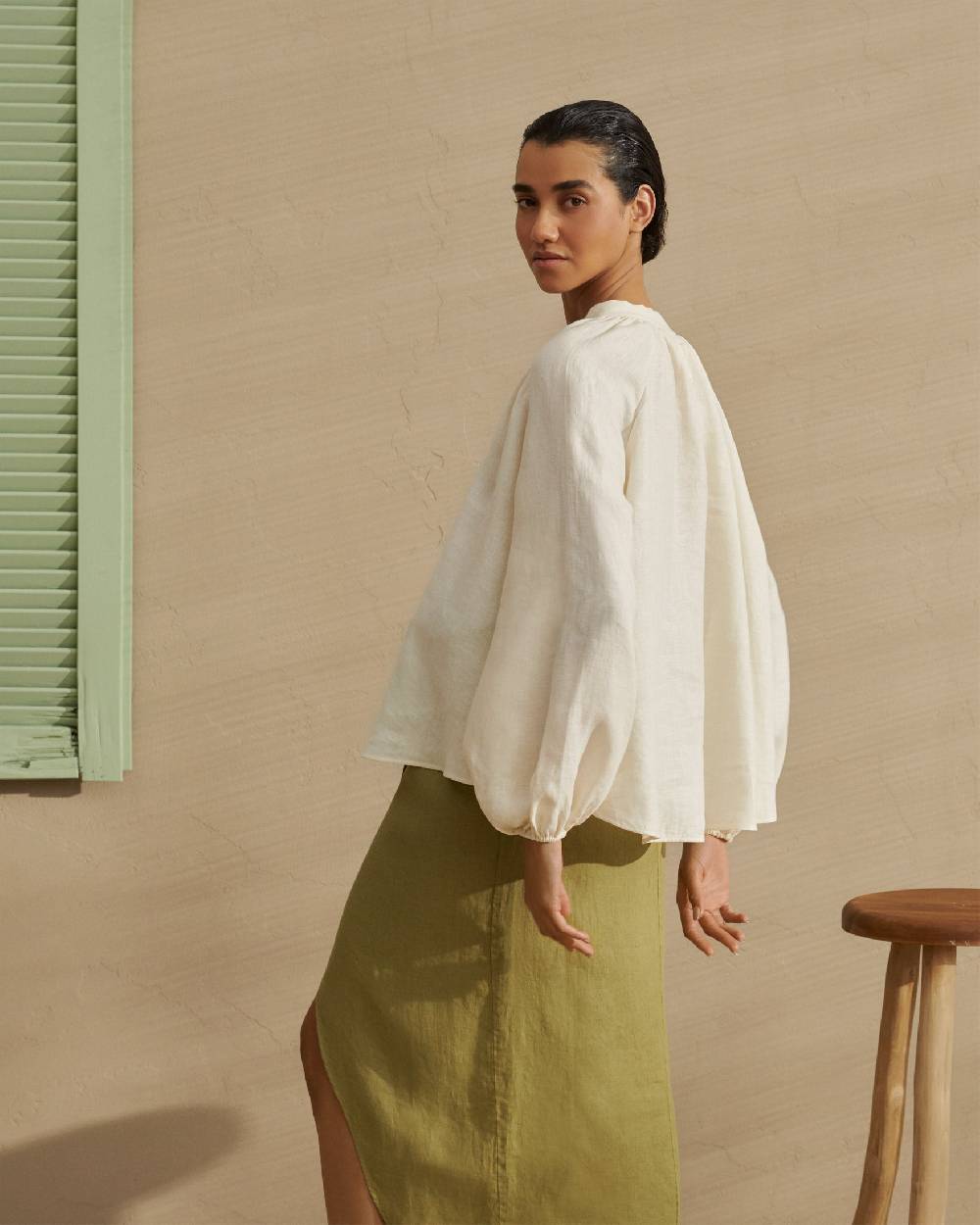 Manebí Linen Milos Shirt - Puffed Sleeves Eggnog