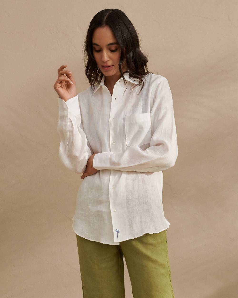 Manebí Linen Panama Shirt - Embroidered Palm White