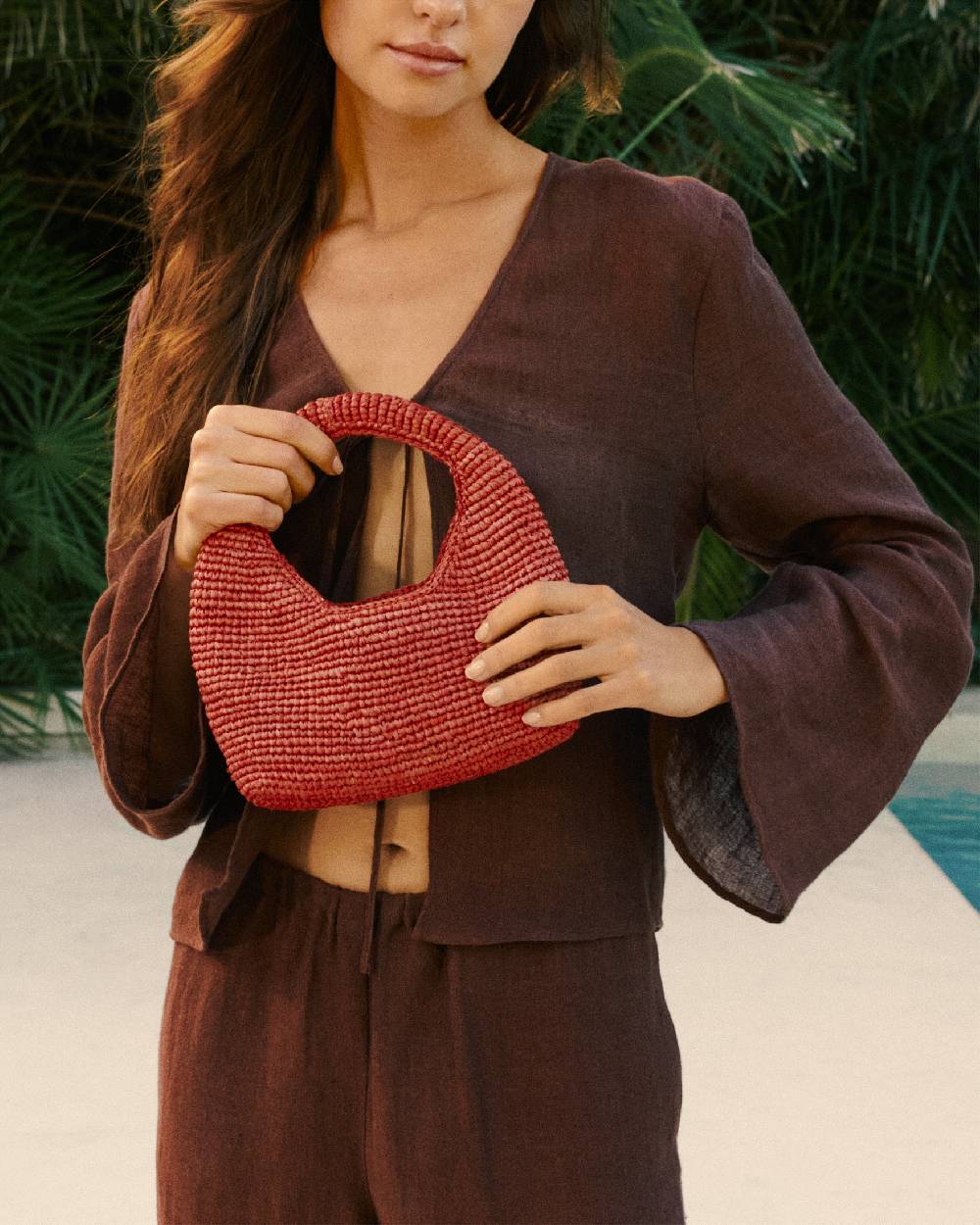 Manebí Raffia Halfmoon Bag - Rust