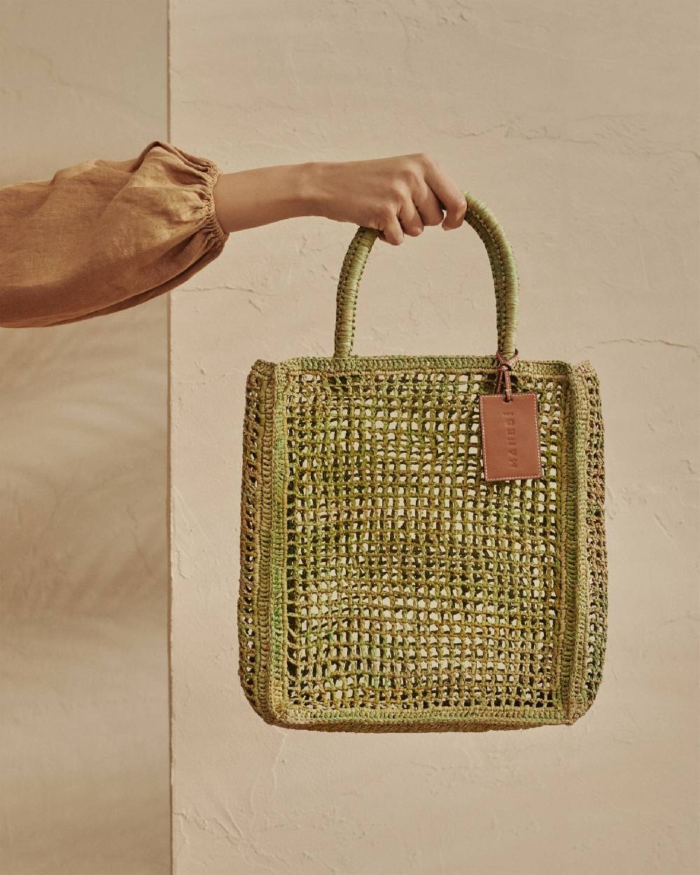 Manebí Raffia Net Bag - Leather Tag Kaki Green