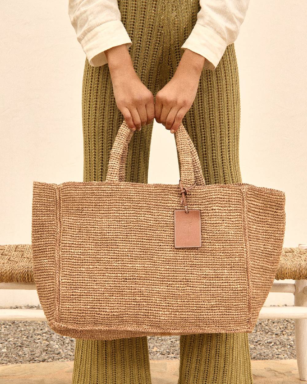 Manebí Raffia Sunset Bag Large - Leather Tag Tan