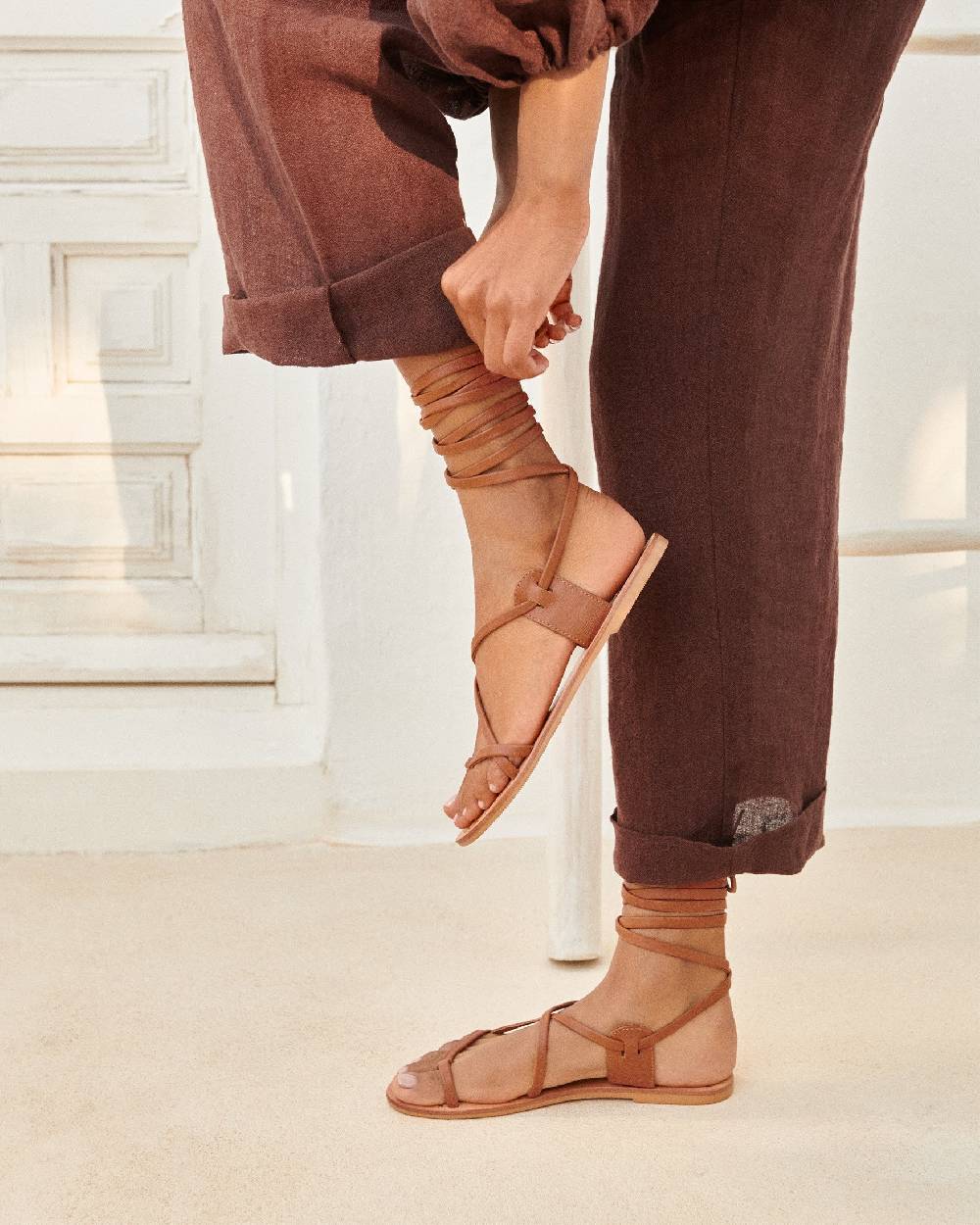 Manebí St. Tropez Leather Sandals - Tie-Up Tan