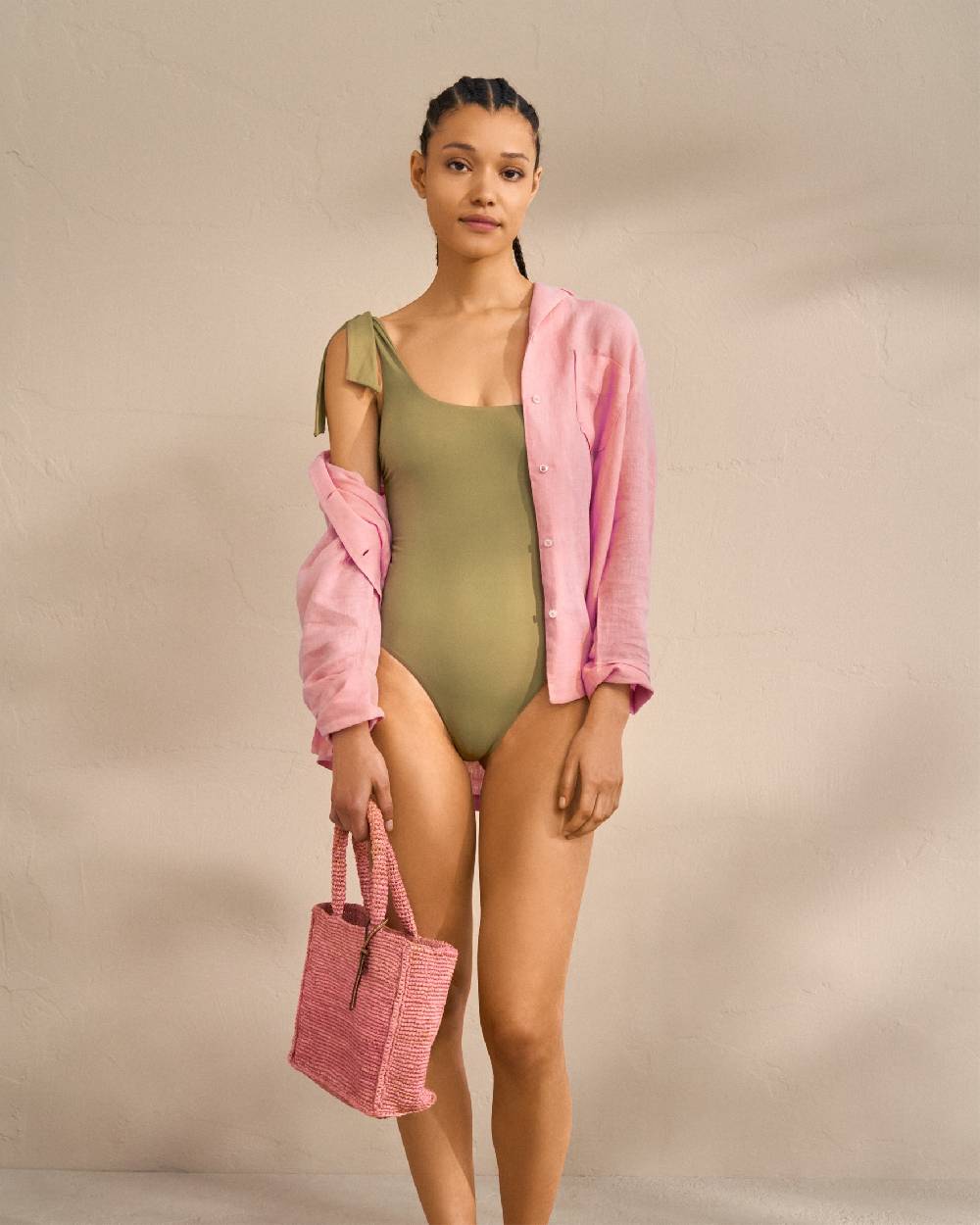 Manebí Tie-Up One|Shoulder One Piece - Kaki Green