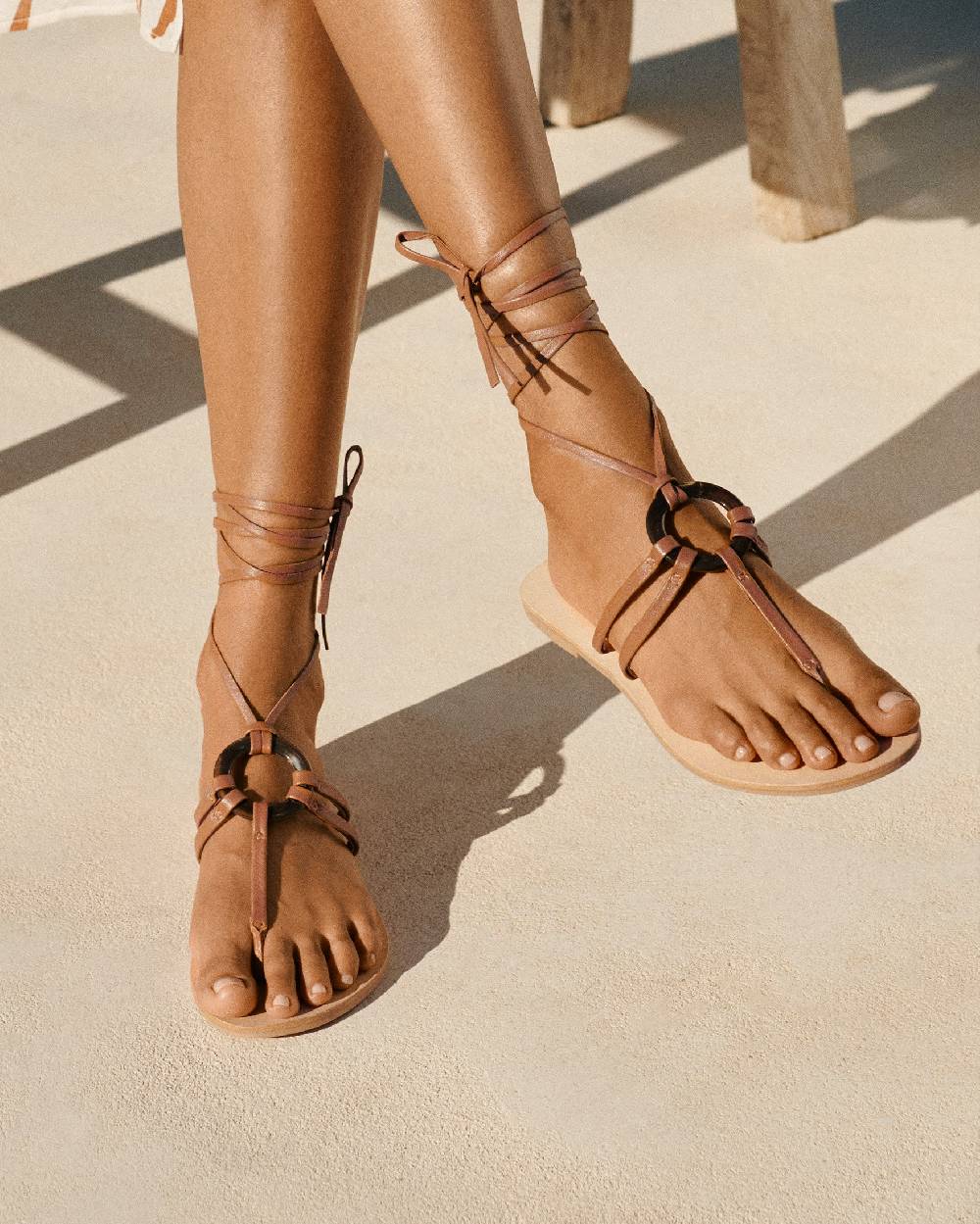 Manebí Mer Leather and Resin Lace-Up |Ring Sandals - Tan
