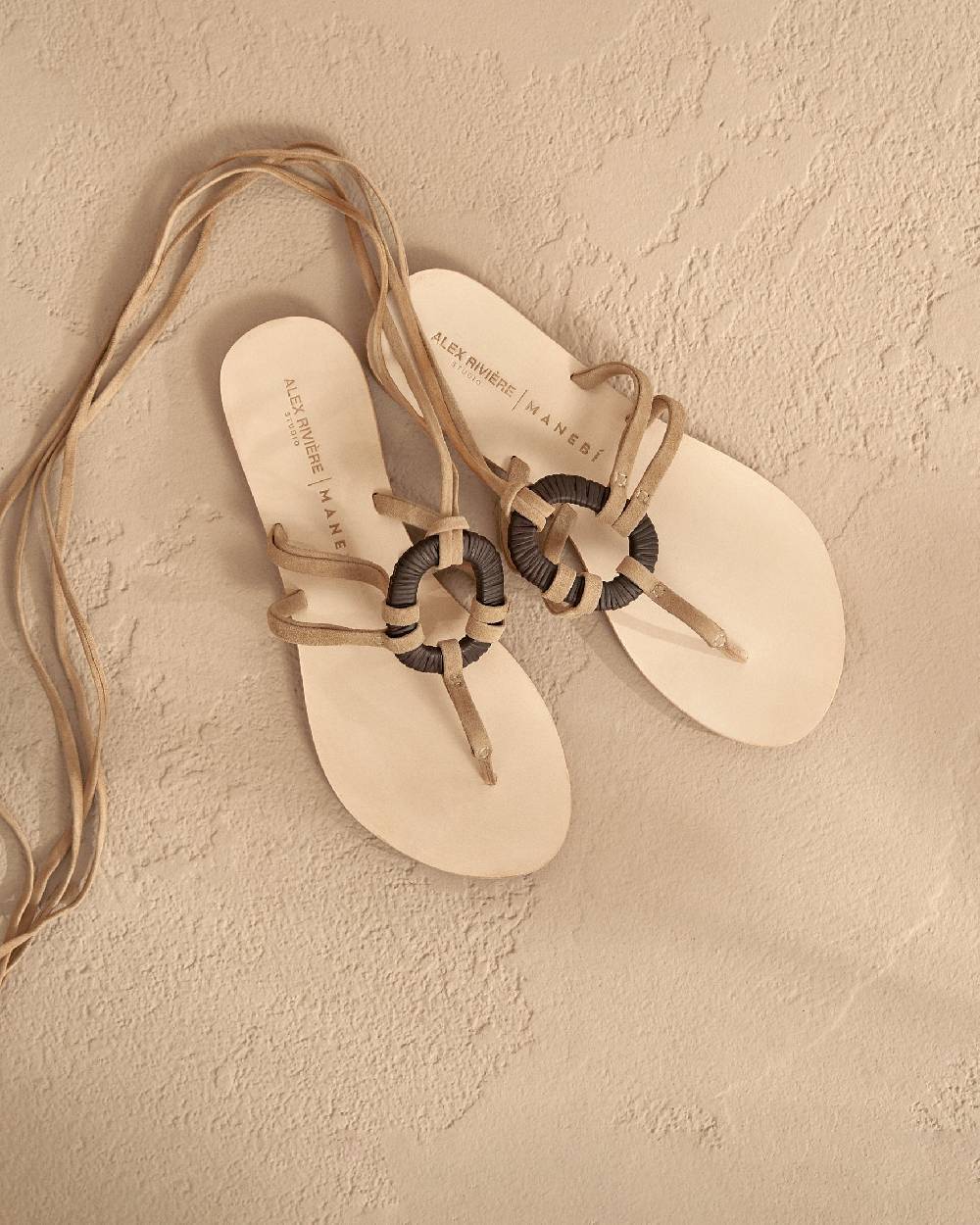 Manebí Mer Suede And Wood Effect|Lace-Up Ring Sandals - Champagne Beige