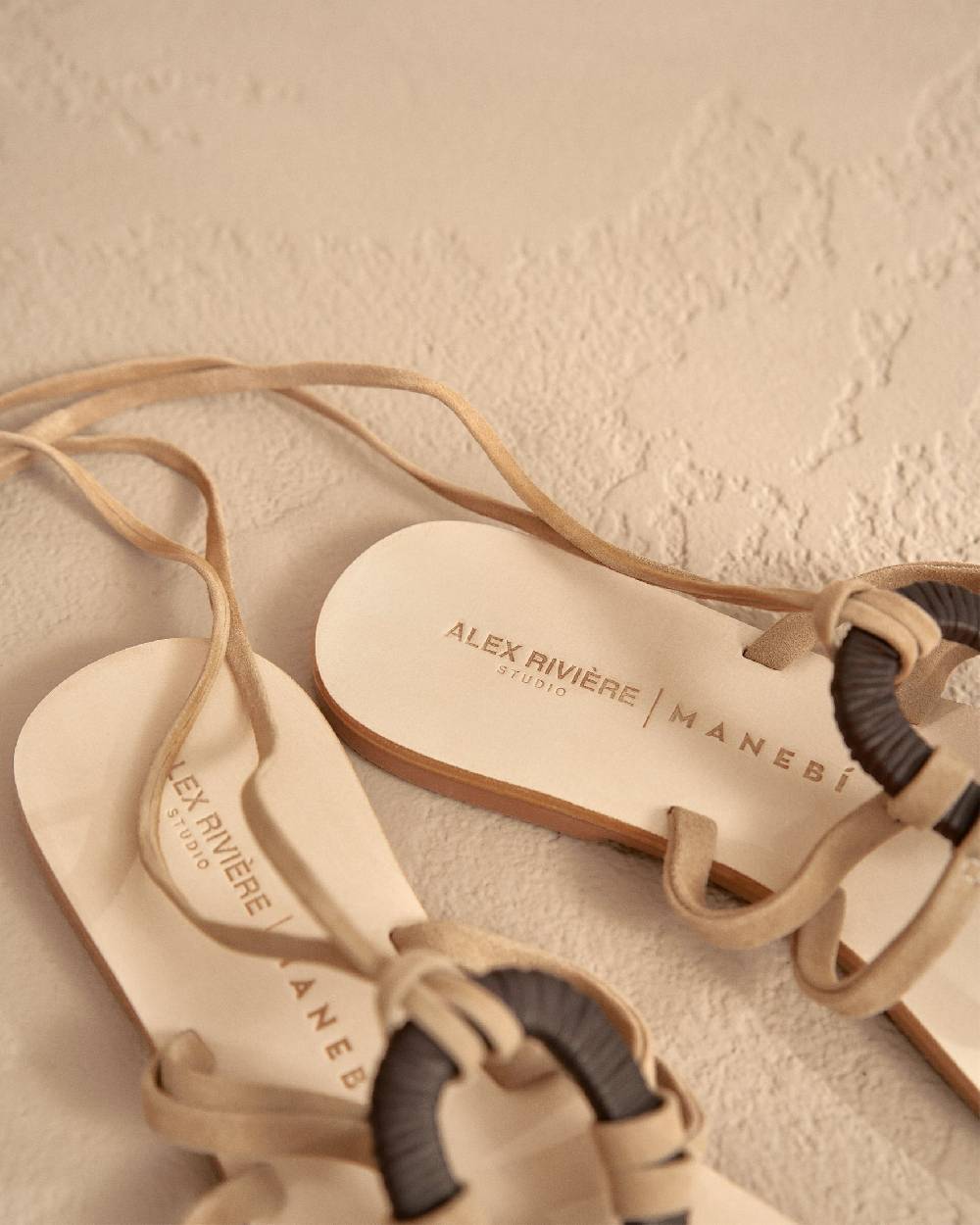 Manebí Mer Suede And Wood Effect|Lace-Up Ring Sandals - Champagne Beige