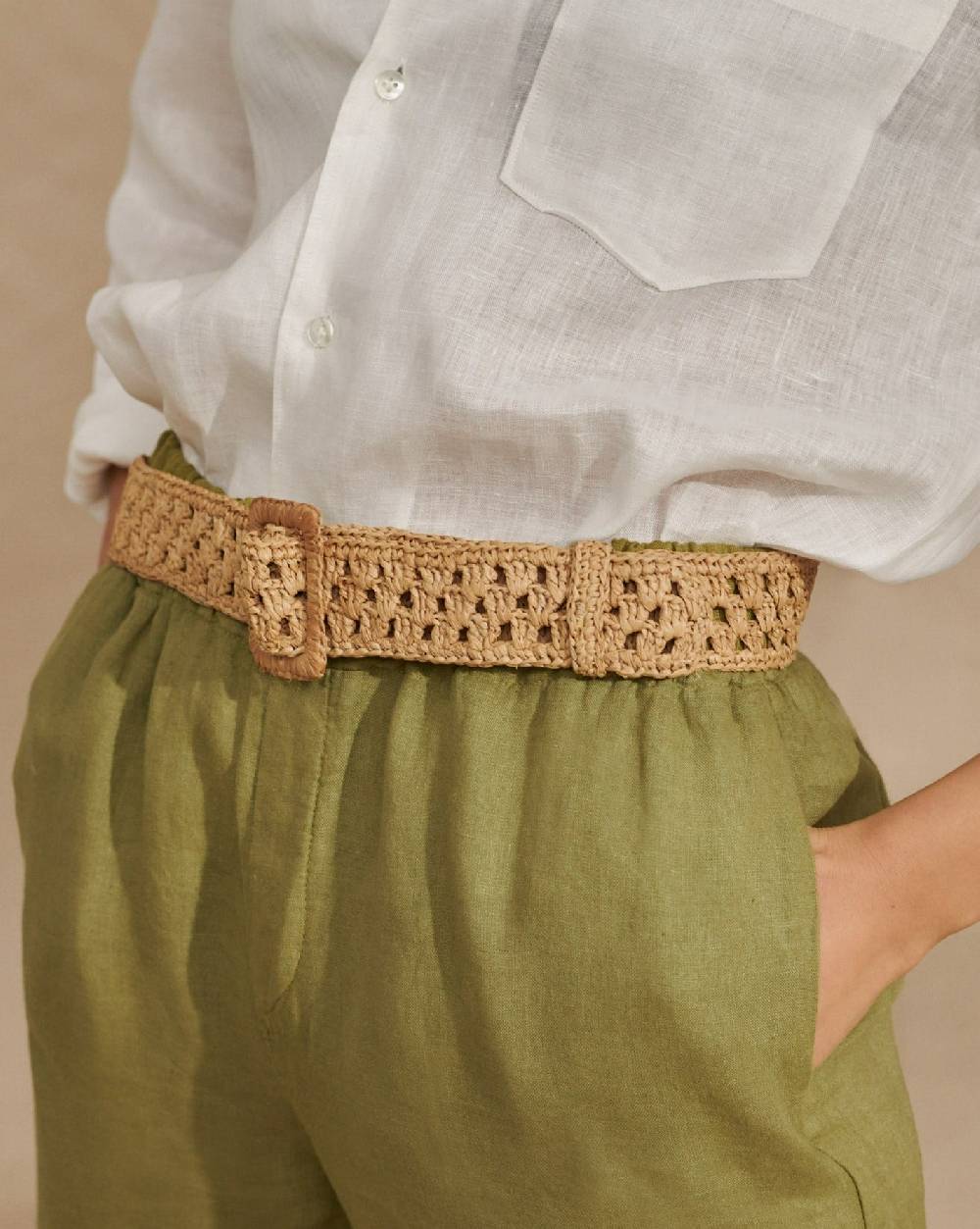 Manebí Natural Raffia Belt Weaving - Hamptons Square Buckle Tan