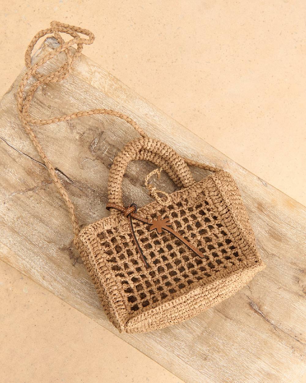 Manebí Natural Raffia Sunset|Bag Mini Net - Palm Leather Tag Tan