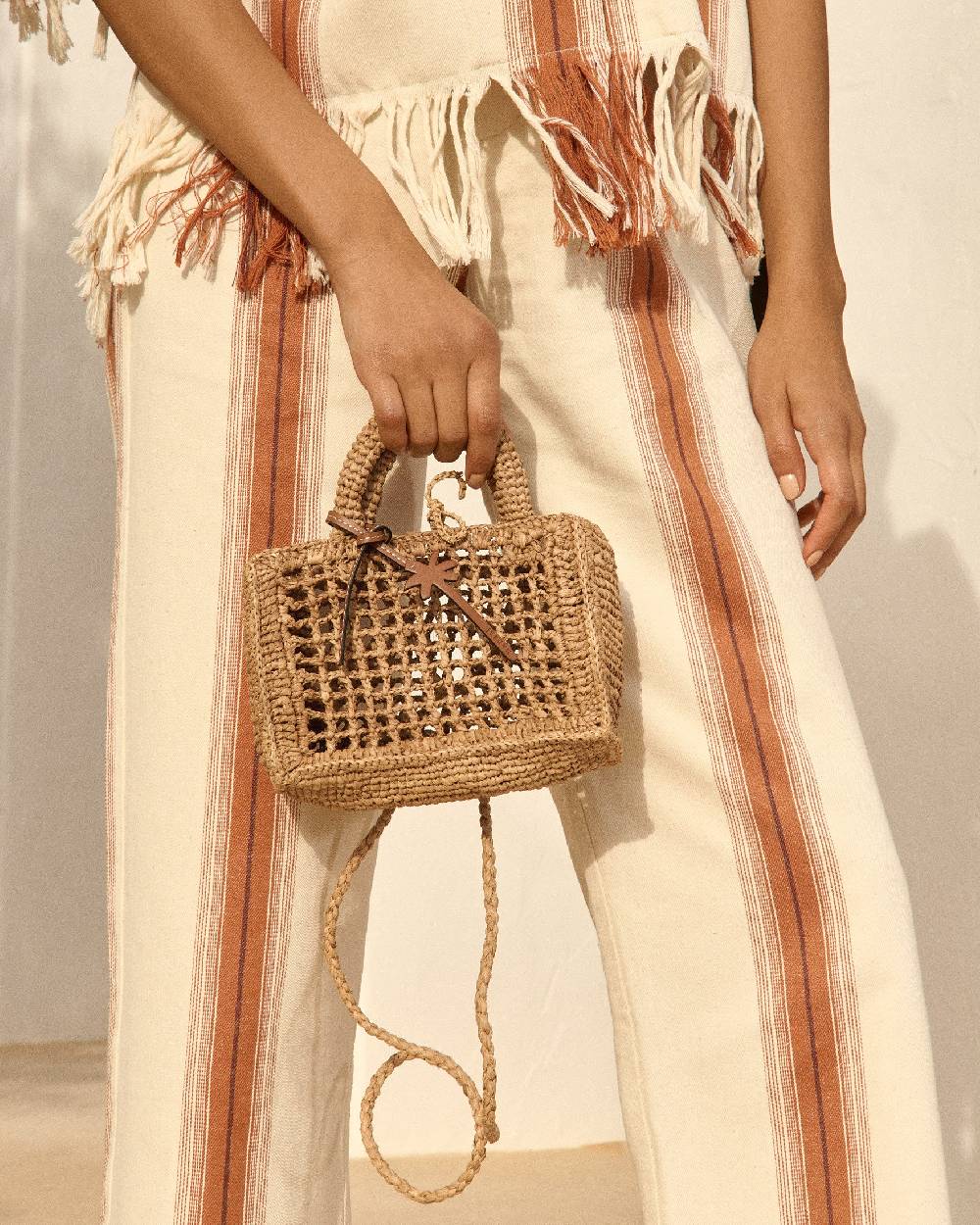 Manebí Natural Raffia Sunset|Bag Mini Net - Palm Leather Tag Tan