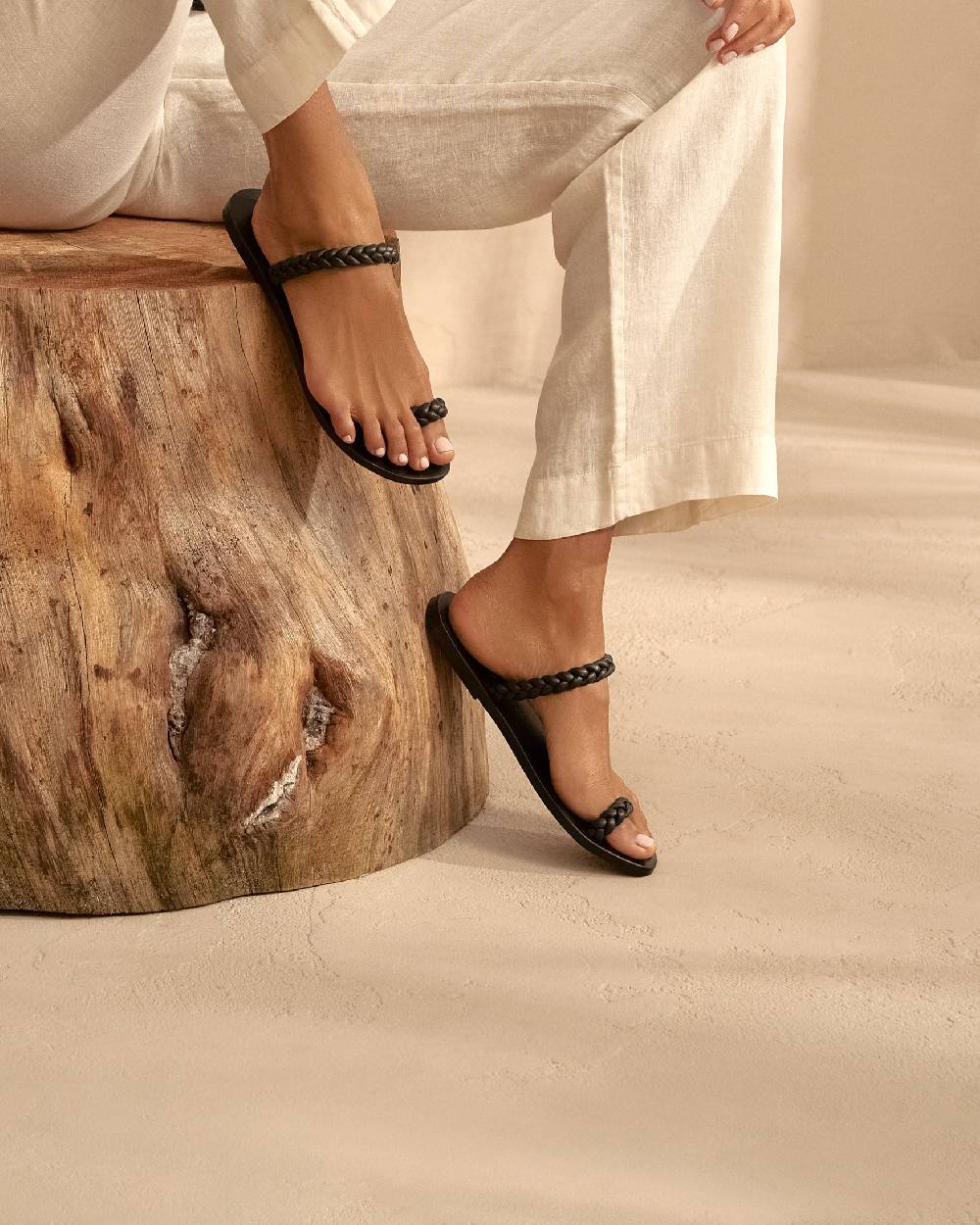 Manebí Olimpia Leather Sandals - Toe Ring Black Braids