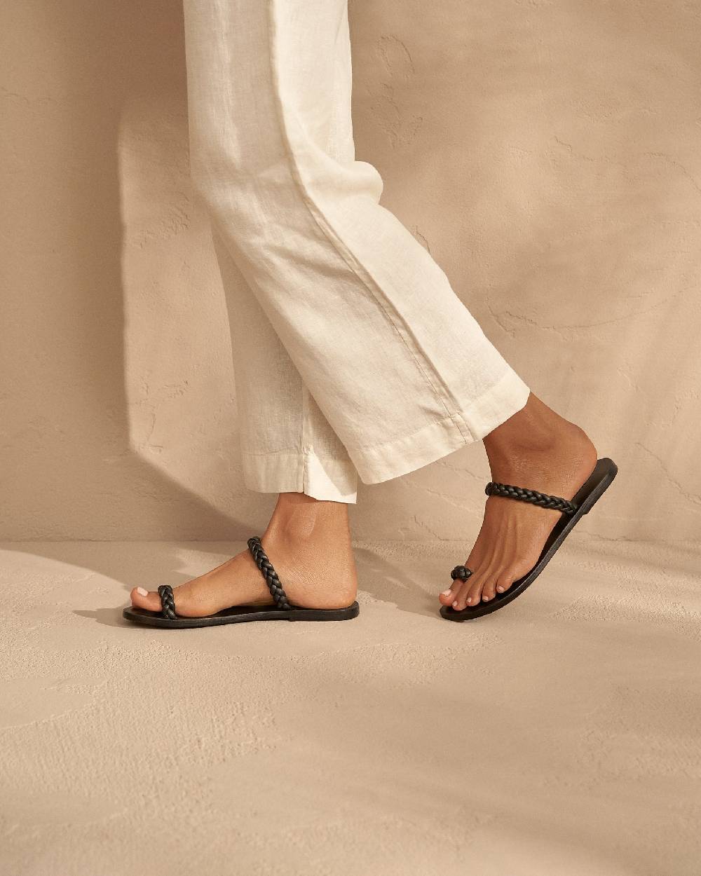 Manebí Olimpia Leather Sandals - Toe Ring Black Braids