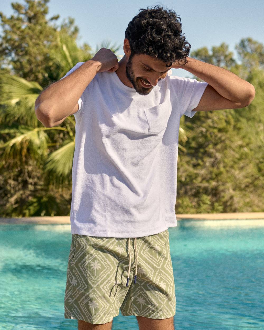 Manebí Organic Terry Cotton Emilio T-Shirt - Embroidered Palm White