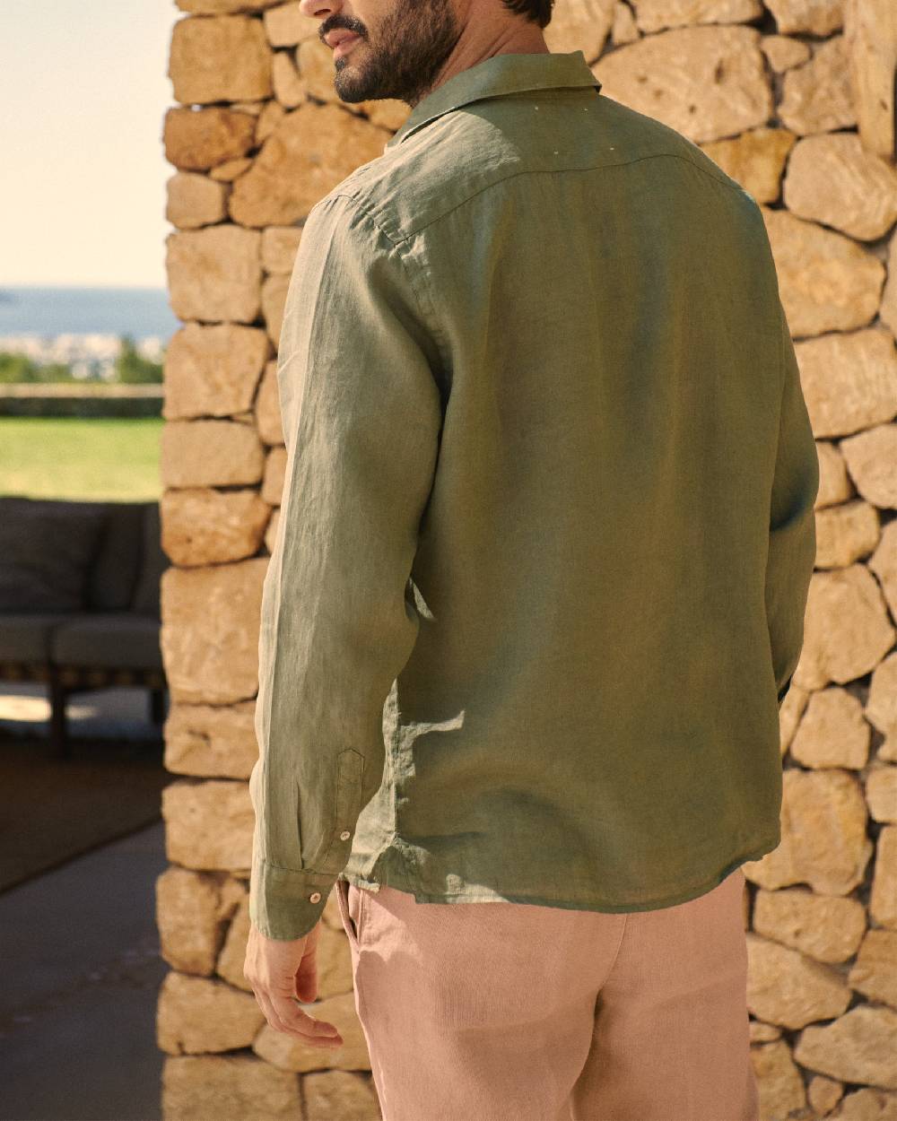 Manebí Panama Linen Shirt - Embroidered Palm Military Green