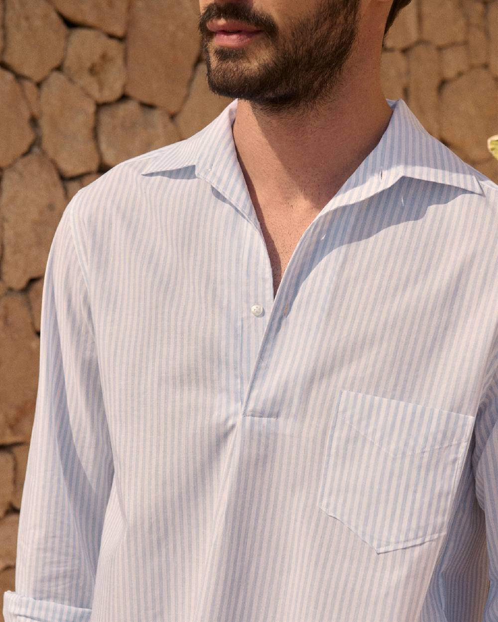 Manebí Poplin Nassau Polo Shirt - Light Blue \u0026 White Watercolor Stripes