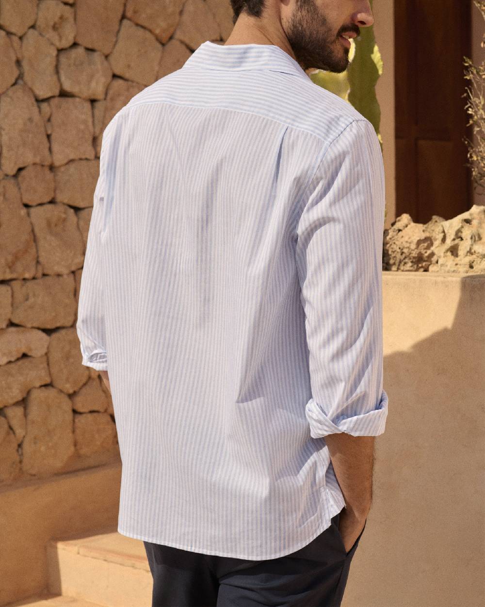 Manebí Poplin Nassau Polo Shirt - Light Blue \u0026 White Watercolor Stripes