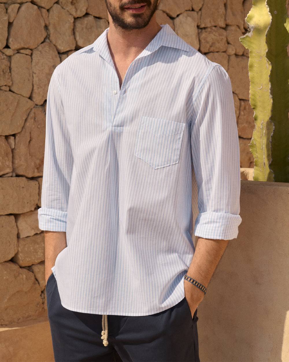 Manebí Poplin Nassau Polo Shirt - Light Blue \u0026 White Watercolor Stripes