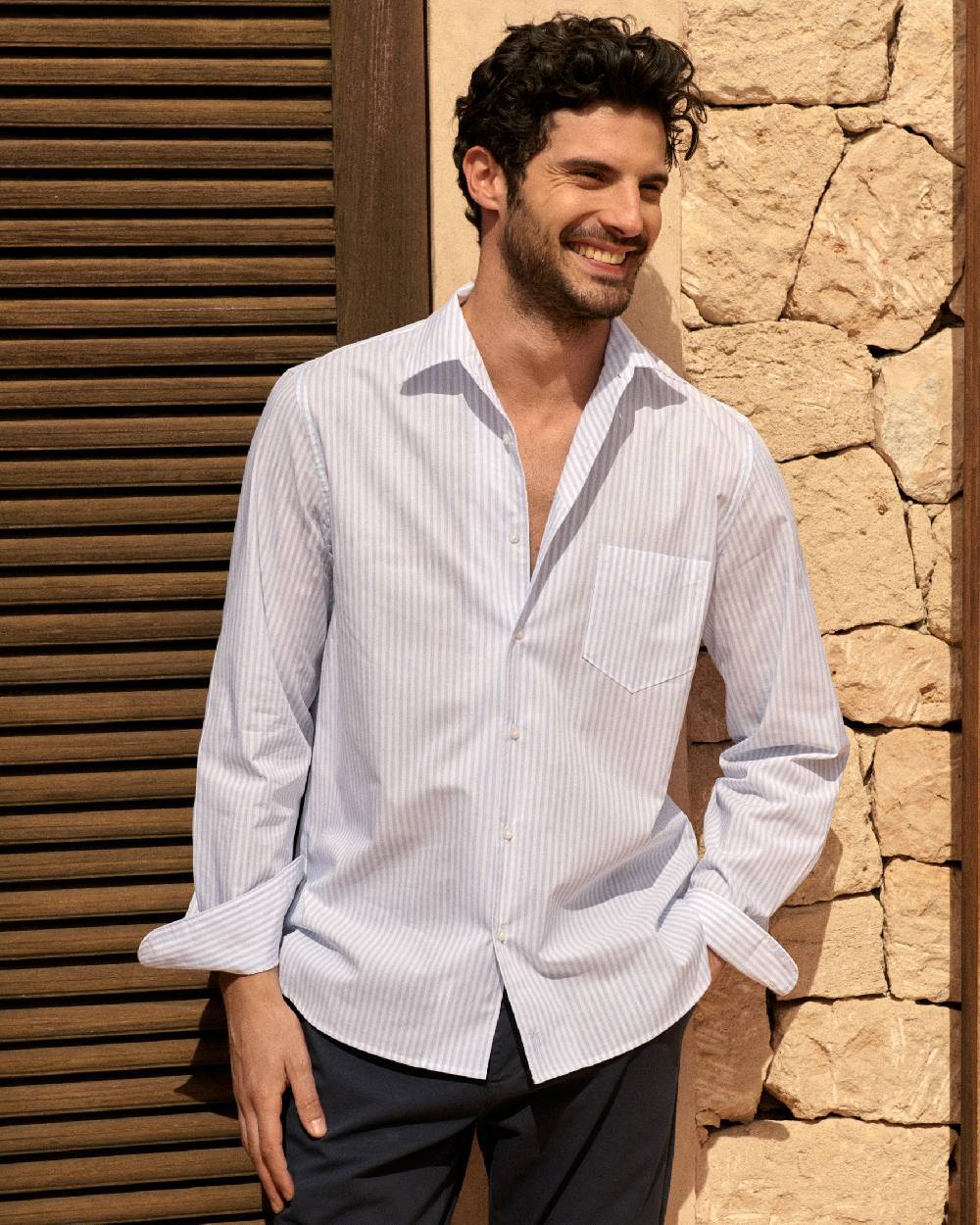 Manebí Poplin Panama Shirt - Light Blue \u0026 White Watercolor Stripes