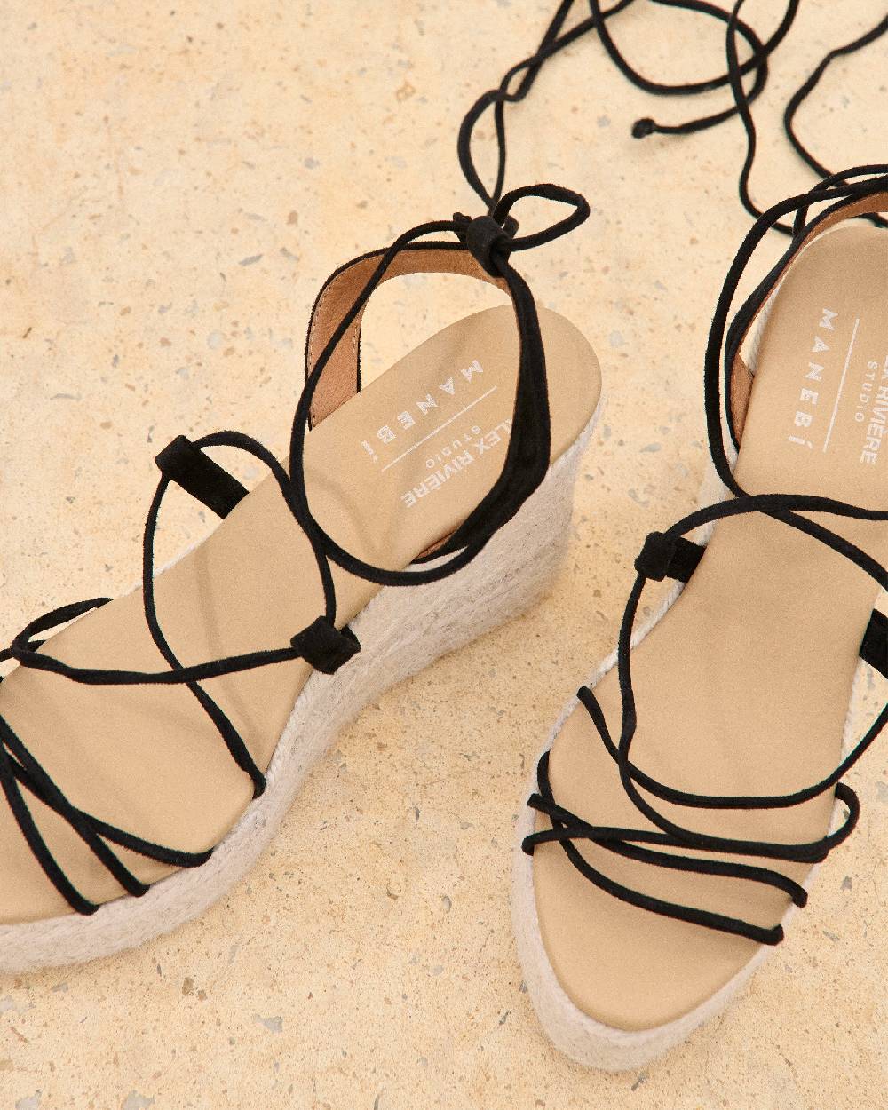 Manebí Portofino Soft Suede|Wedge Espadrilles - Lace-Up Black