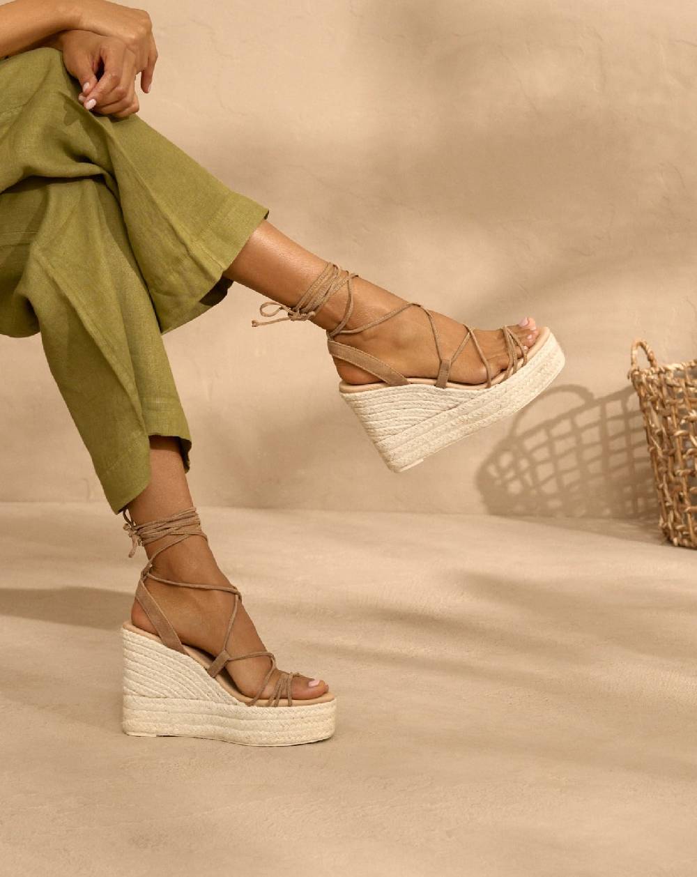 Manebí Portofino Soft Suede|Wedge Espadrilles - Lace-Up Tobacco
