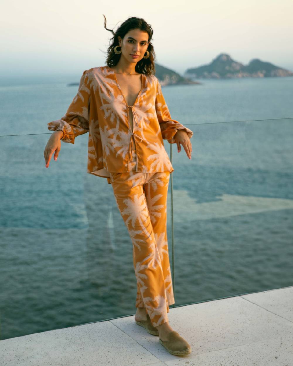 Manebí Printed Cotton|Salamanca Trousers - Sunbaked \u0026 Cream Pink Maxi Palm