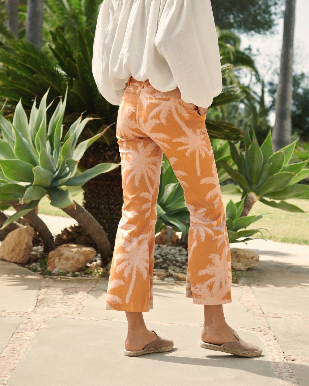 Manebí Printed Cotton|Salamanca Trousers - Sunbaked \u0026 Cream Pink Maxi Palm