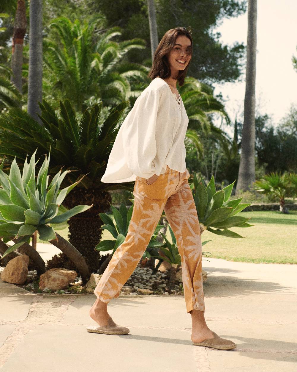 Manebí Printed Cotton|Salamanca Trousers - Sunbaked \u0026 Cream Pink Maxi Palm