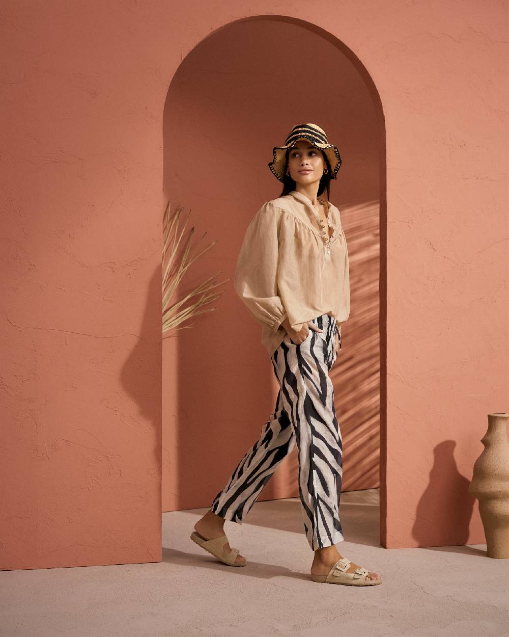 Manebí Printed Cotton Silk Voile|Belem Trousers - Elasticated Waistband Black Off White Maxi Zebra