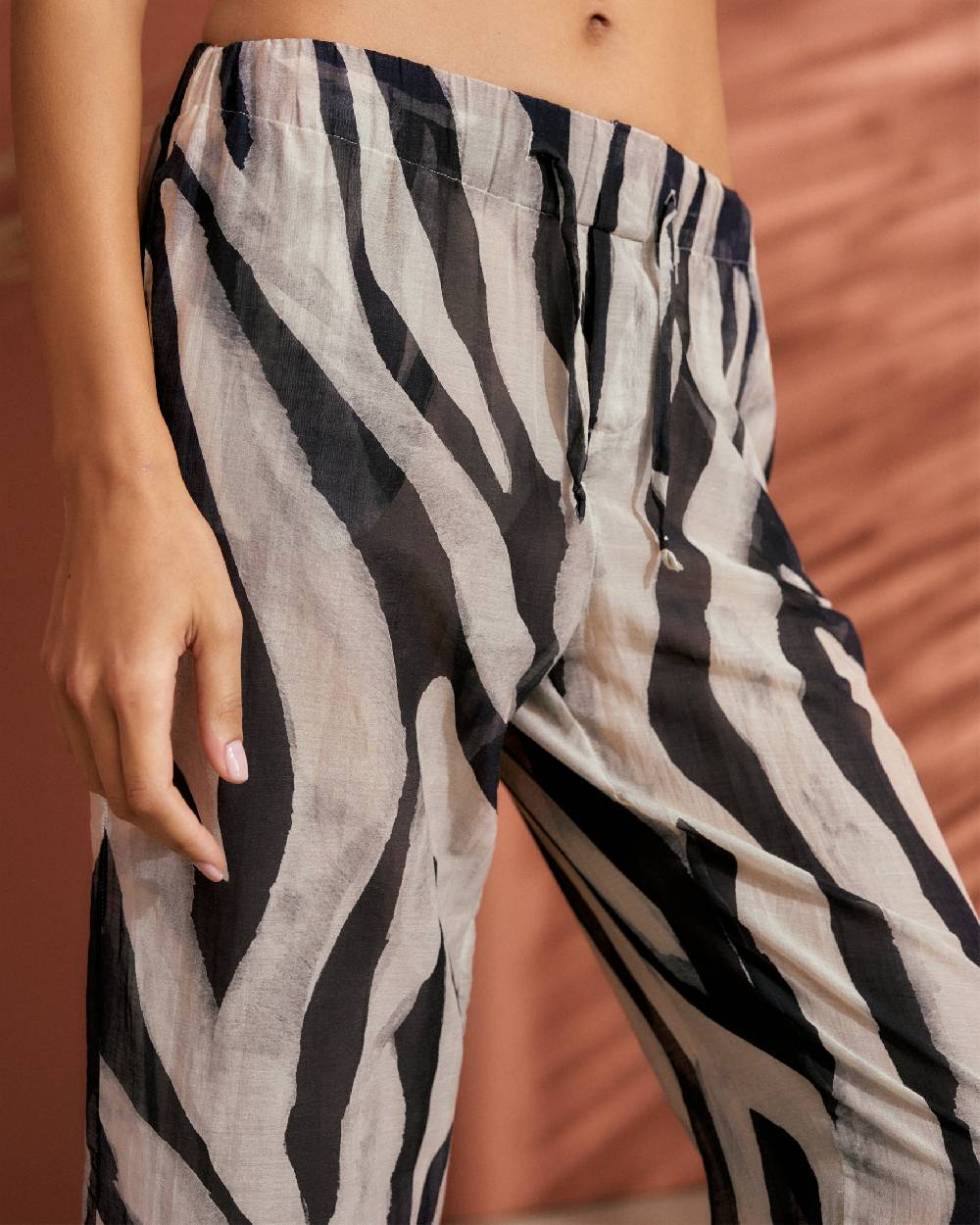 Manebí Printed Cotton Silk Voile|Belem Trousers - Elasticated Waistband Black Off White Maxi Zebra