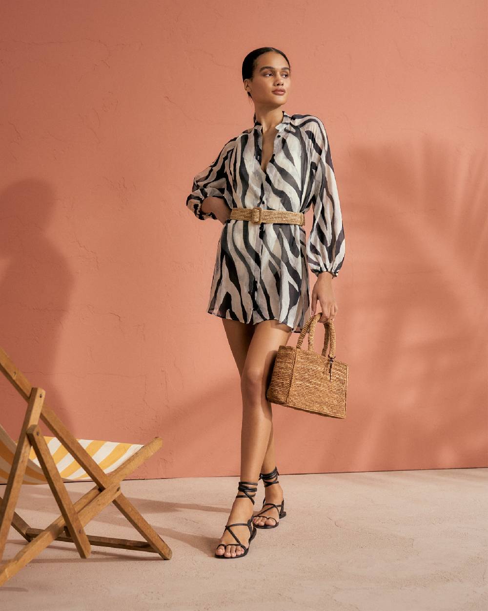 Manebí Printed Cotton Silk Voile|Ibiza Dress - Hand Braided Cord Black Off White Maxi Zebra