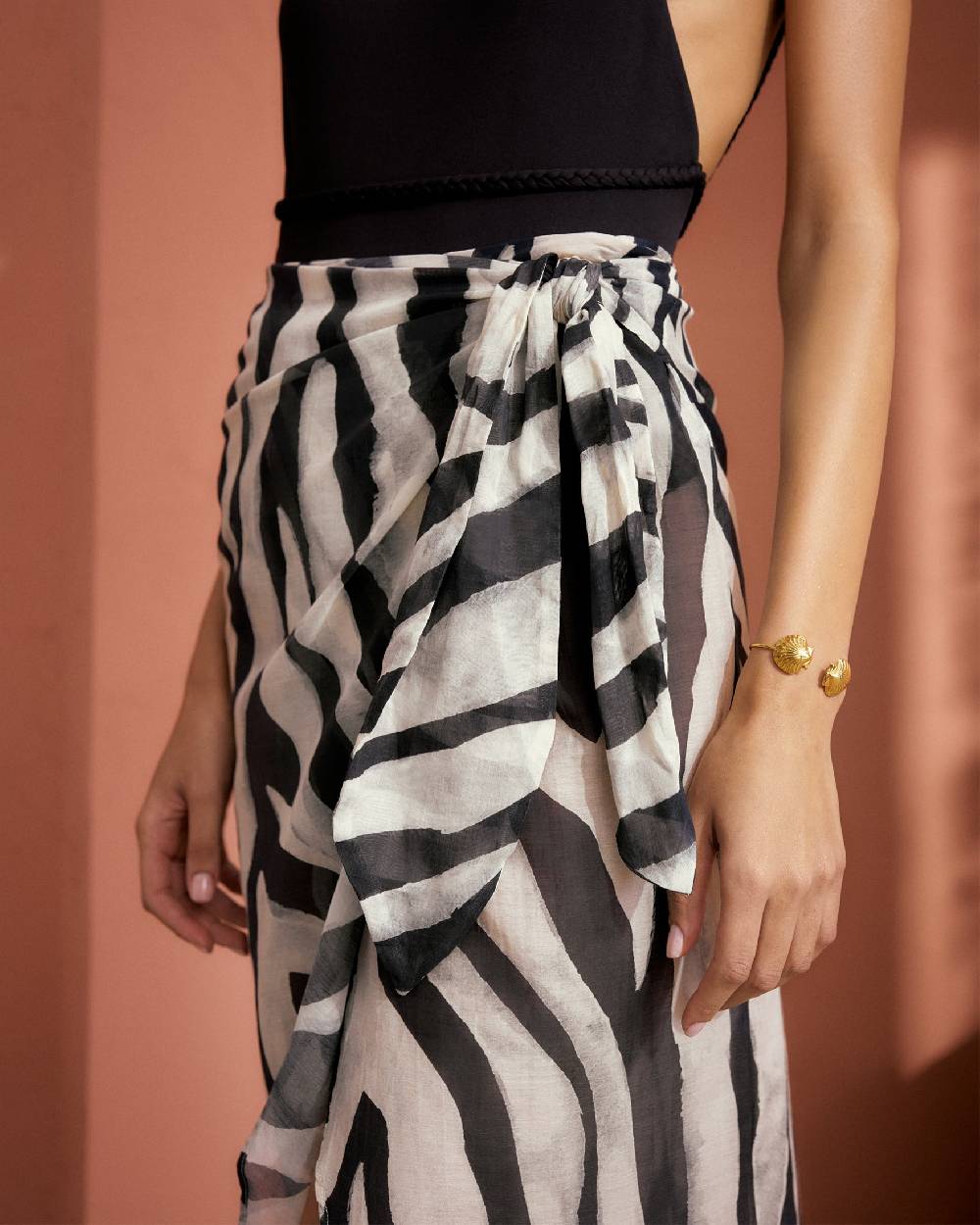 Manebí Printed Cotton Silk Voile|Lencois Skirt - Wraparound Design With Knot Black Off White Maxi Zebra
