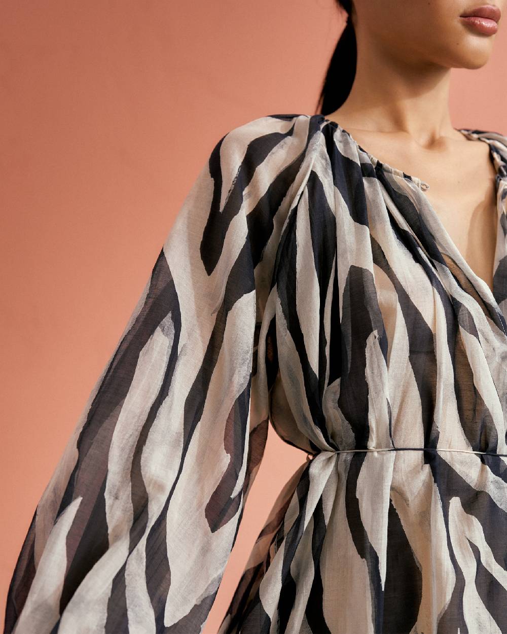 Manebí Printed Cotton Silk Voile|Minorca Dress - Slim Waist Tie Belt Black Off White Maxi Zebra